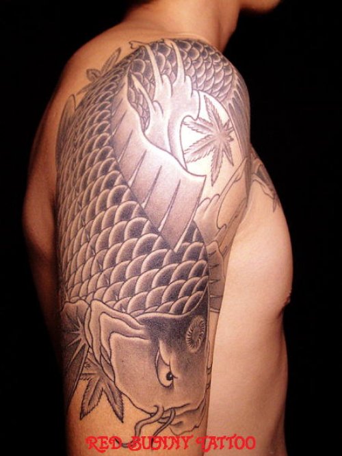 Grey Ink Carp Fish Tattoo On Right Half Sleeve